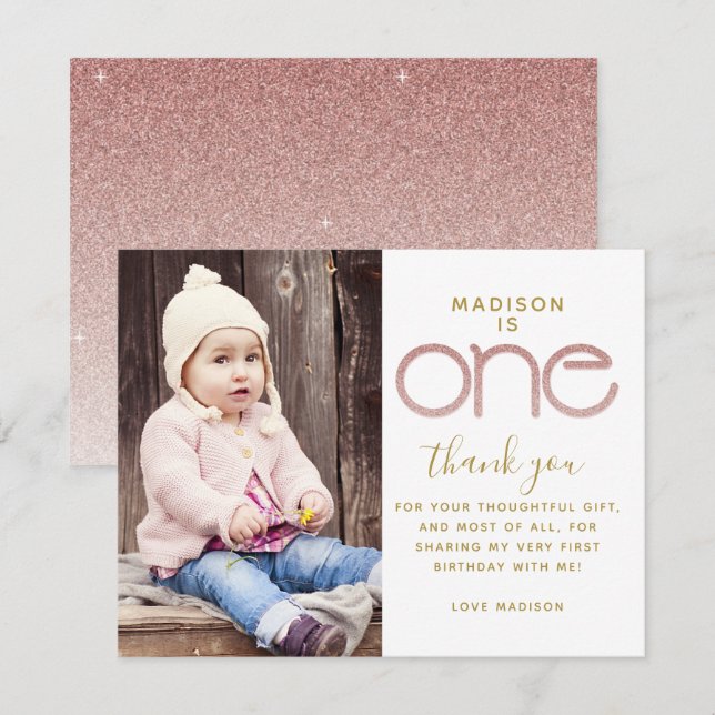 1st Birthday Rose Gold Glitter  Thank You Card (Front/Back)