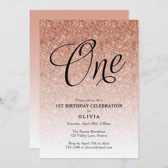 1st Birthday Rose Gold Ombre Glitter Invitation (Front/Back)