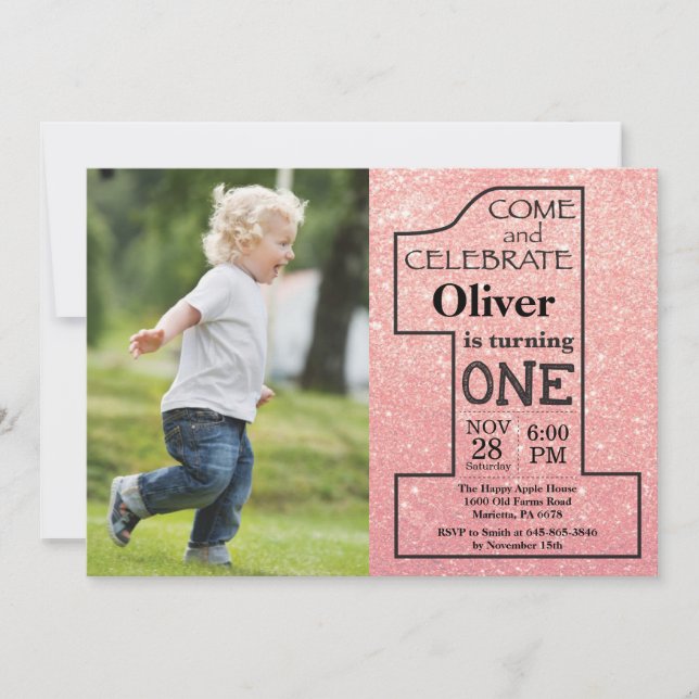 1st Birthday Rose Gold Pink Glitter Photo Invitation (Front)