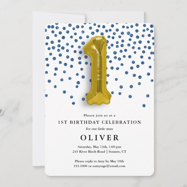 1st Birthday Royal Blue Confetti and Gold Balloon Invitation (Front)