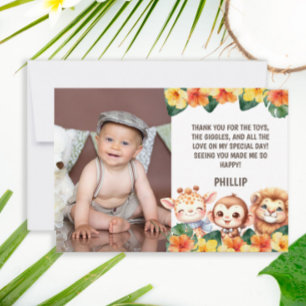 1st Birthday Safari Lion Giraffe Monkey Photo Thank You Card