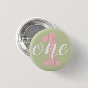1st Birthday Sage Green & Pink Wood One 3 Cm Round Badge