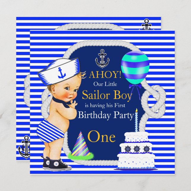 1st Birthday Sailor Boy Navy Blue Stripe Blonde Invitation (Front/Back)