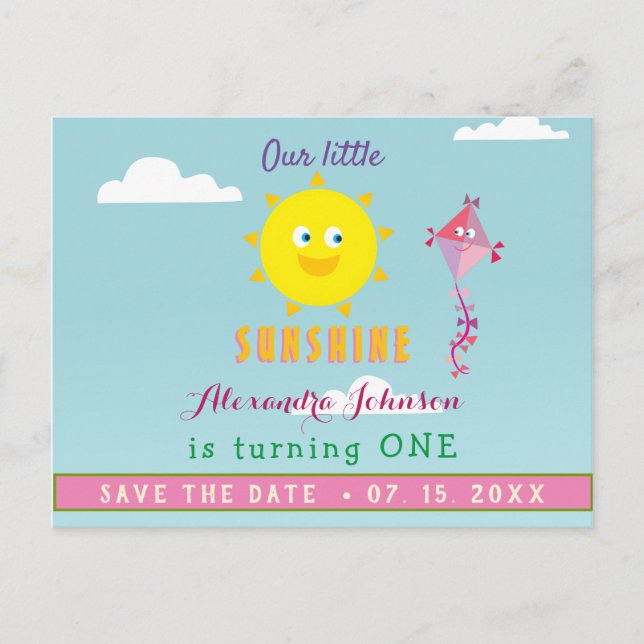 1st Birthday Save The Date , Our Little Sunshine Announcement Postcard (Front)