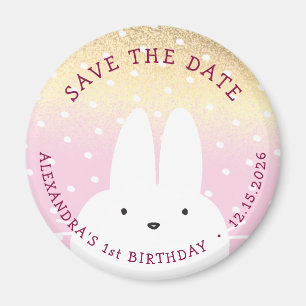 1st Birthday Save The Date Winter Bunny Pink Gold Magnet