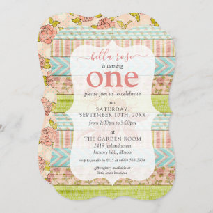 1st Birthday Shabby Chic Roses Cottage Wood Floral Invitation