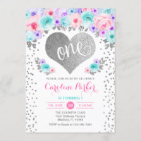 1st Birthday - Silver Heart Teal Purple Pink