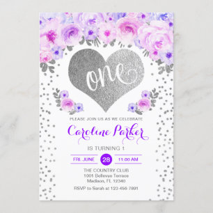 1st Birthday - Silver Heart White Purple Floral Invitation