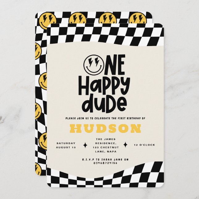 1st birthday smile face retro black white groovy invitation (Front/Back)