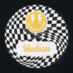 1st birthday smile face retro black white groovy large clock<br><div class="desc">One happy dude birthday smile face retro black,  white and yellow groovy lightening bolt cool birthday party decor clock.</div>