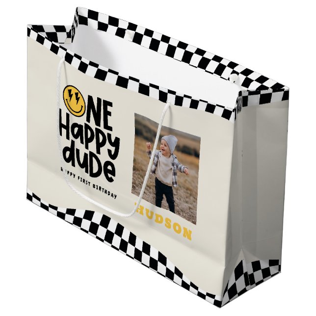 1st birthday smile face retro black white groovy large gift bag (Front Angled)