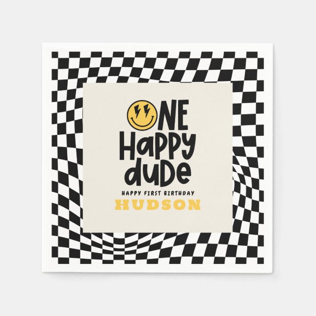 1st birthday smile face retro black white groovy napkin (Front)