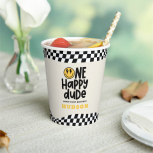 1st birthday smile face retro black white groovy paper cups