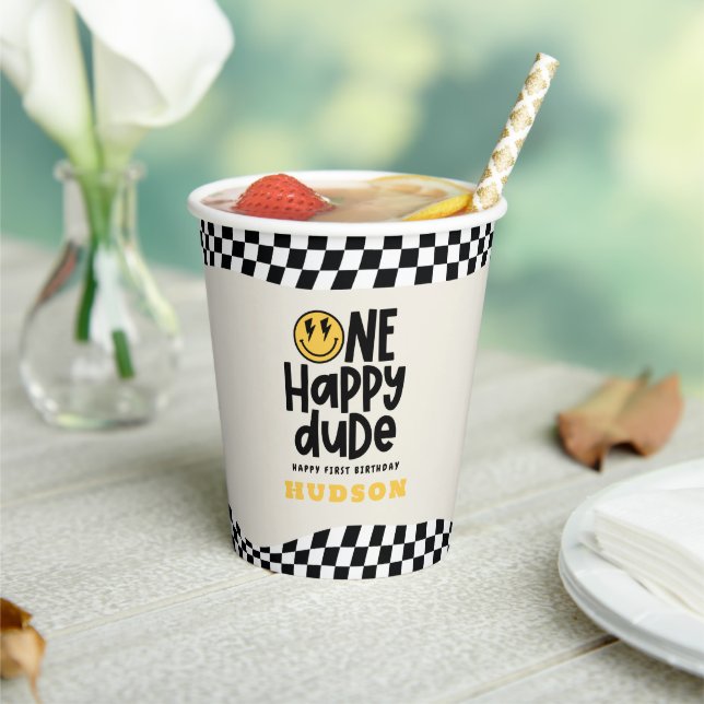 1st birthday smile face retro black white groovy paper cups (Insitu)