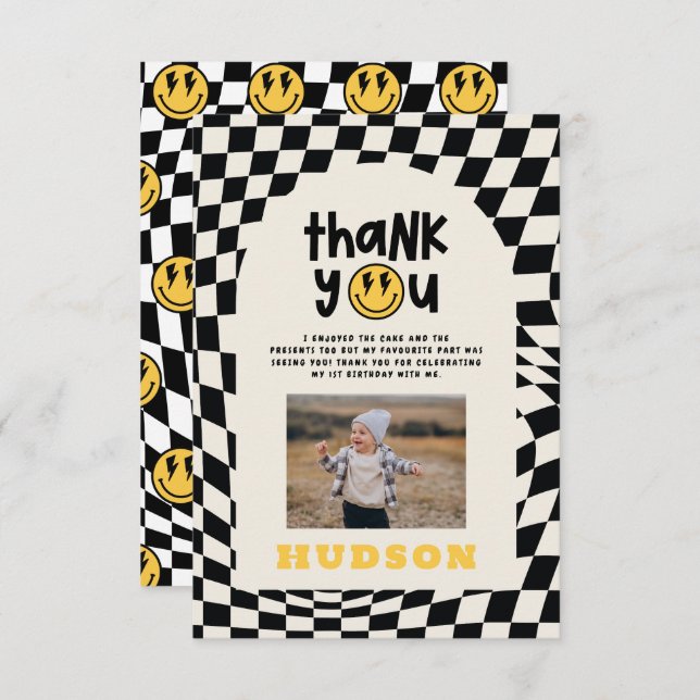 1st birthday smile face retro black white groovy thank you card (Front/Back)