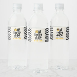 1st birthday smile face retro black white groovy water bottle label