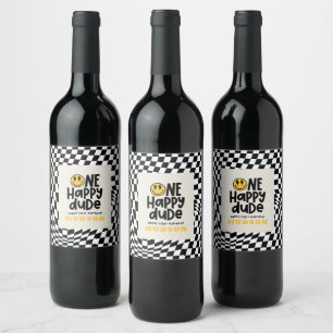 1st birthday smile face retro black white groovy wine label