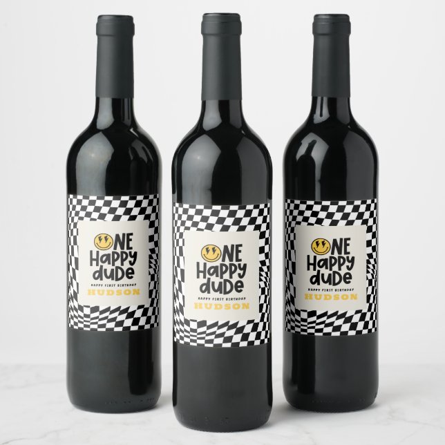 1st birthday smile face retro black white groovy wine label (Bottles)