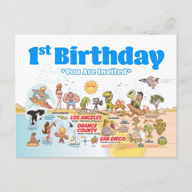 1st Birthday SoCal Invitation Postcard (Front)