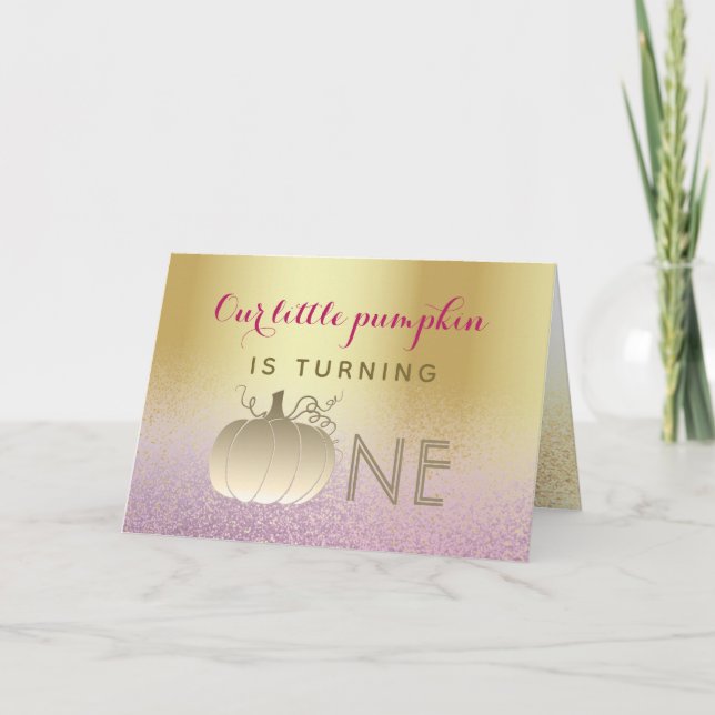 1st Birthday Sparkle Glitter Pink and Gold Pumpkin Invitation (Front)