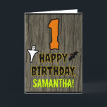 1st Birthday: Spooky Halloween Theme   Custom Name Card<br><div class="desc">The front of this spooky and scary Hallowe'en birthday themed greeting card design features a large number "1". It also features the message "HAPPY BIRTHDAY, ", and a custom name. There are also depictions of a ghost and a bat on the front. The inside features a custom birthday greeting message,...</div>