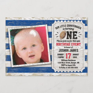 1st Birthday Sports Football Rustic Blue Photo Invitation