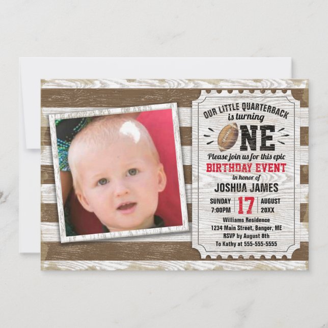 1st Birthday Sports Football Rustic Brown Photo Invitation (Front)