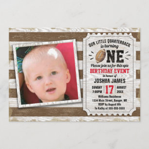 1st Birthday Sports Football Rustic Brown Photo Invitation