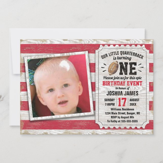 1st Birthday Sports Football Rustic Red Photo Invitation (Front)