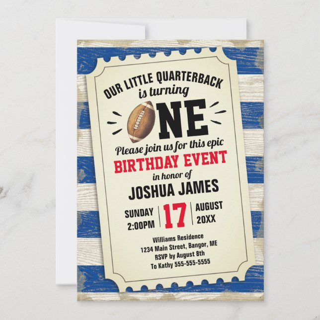 1st Birthday Sports Football Ticket Rustic Blue Invitation (Front)