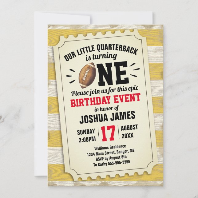1st Birthday Sports Football Ticket Rustic Yellow Invitation (Front)