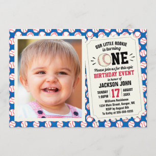 1st Birthday Sports Photo Baseball Rookie Blue Invitation
