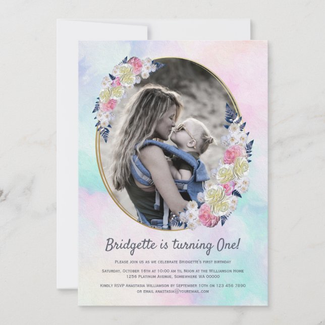 1st Birthday Spring Pink Blue Floral Girl Photo Invitation (Front)