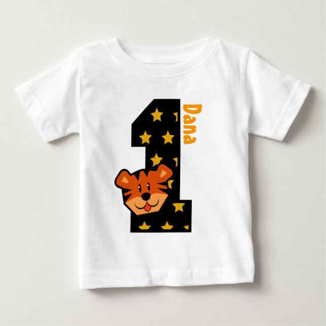 1st Birthday Stars and Tiger One Year Old Baby T-Shirt (Front)