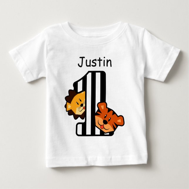 1st Birthday STRIPES Tiger and Lion 1 Year Old A6 Baby T-Shirt (Front)