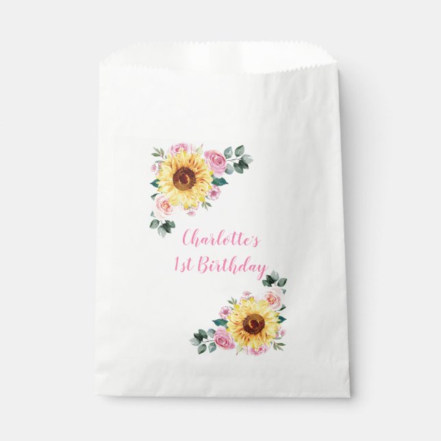 1st Birthday Sunflower Pink Floral Personalised Favour Bag (Front)