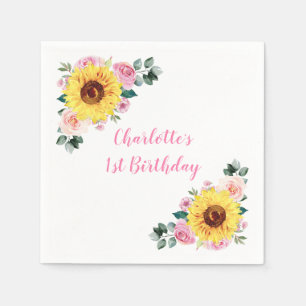 1st Birthday Sunflower Pink Floral Personalised Napkin