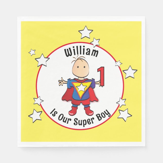 1st Birthday Super Boy Cartoon Party Napkin (Front)