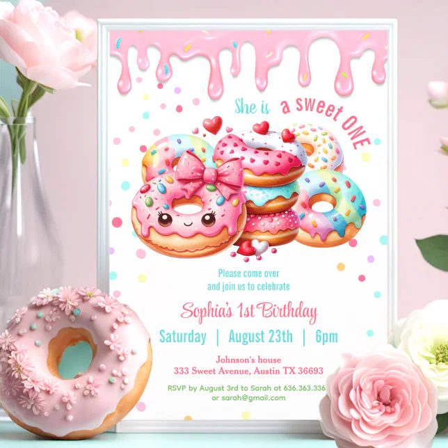 1st Birthday Sweet One Cute Doughnut Pink Girl Invitation | Zazzle