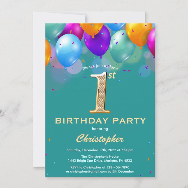 1st Birthday Teal and Gold Colourful Balloons Invitation (Front)