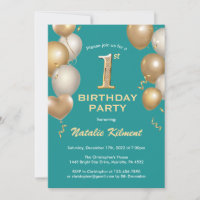 1st Birthday Teal and Gold Glitter Balloons