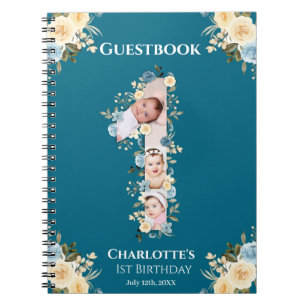 1st Birthday Teal Flower Photo Yellow Guestbook Notebook