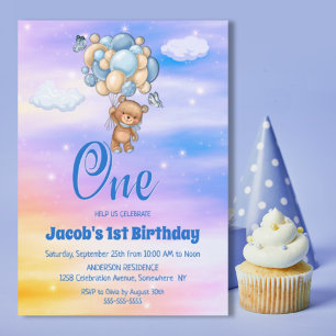 1st Birthday Teddy Bear Blue Balloons Party Invitation