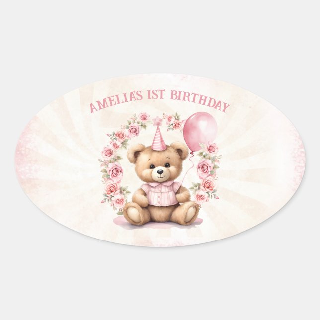 1st Birthday Teddy Bear Girl Pink Roses Oval Sticker (Front)