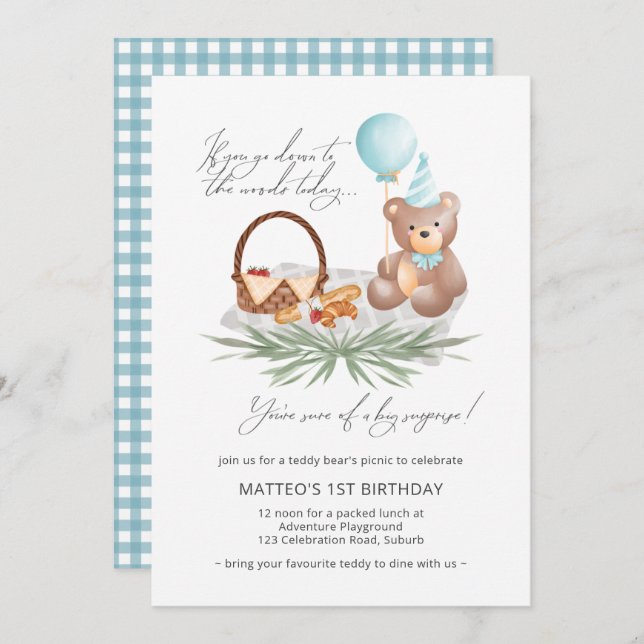 1st Birthday Teddy Bear Picnic Blue Gingham Invitation (Front/Back)