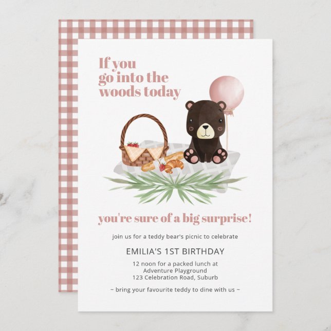 1st Birthday Teddy Bear Picnic Pink Checked Invitation (Front/Back)