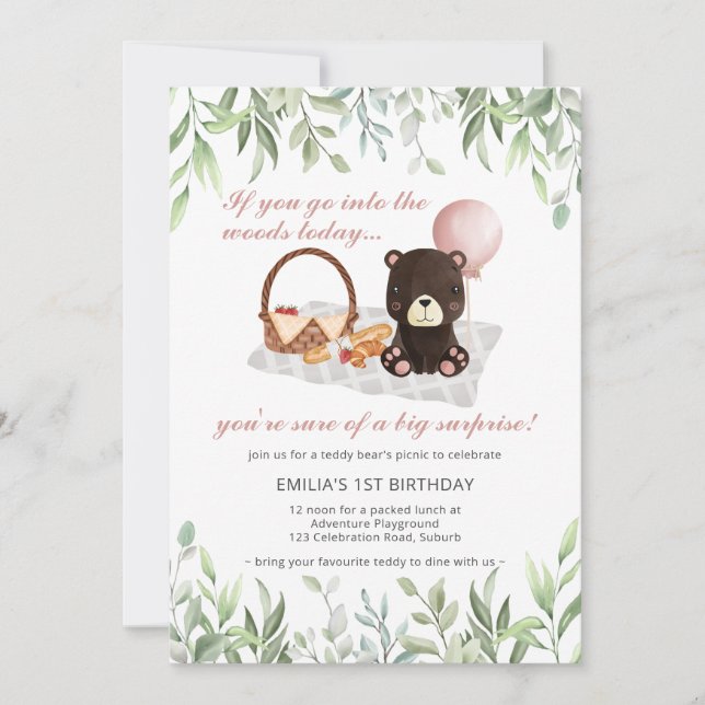 1st Birthday Teddy Bear Picnic Pink Greenery Invitation (Front)
