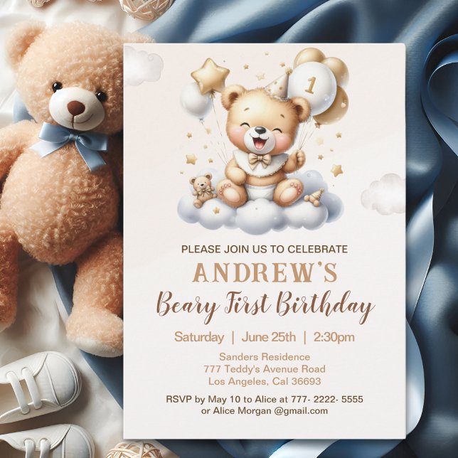 1st Birthday Teddy Bear with Brown Balloons Invitation (Creator Uploaded)