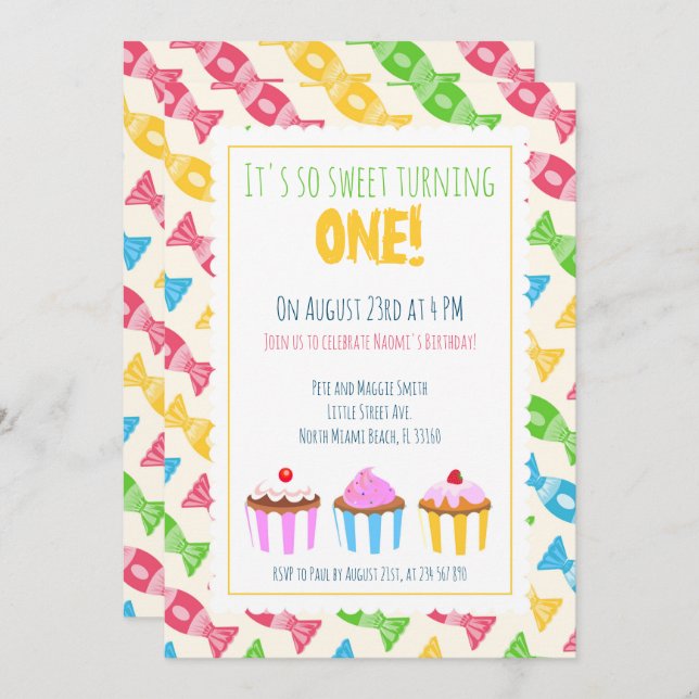 1st birthday three cupcakes baby girl party invitation (Front/Back)