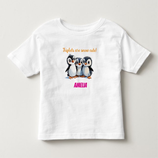 1st Birthday Triplets Gift, Penguins, Custom Toddler T-Shirt (Front)